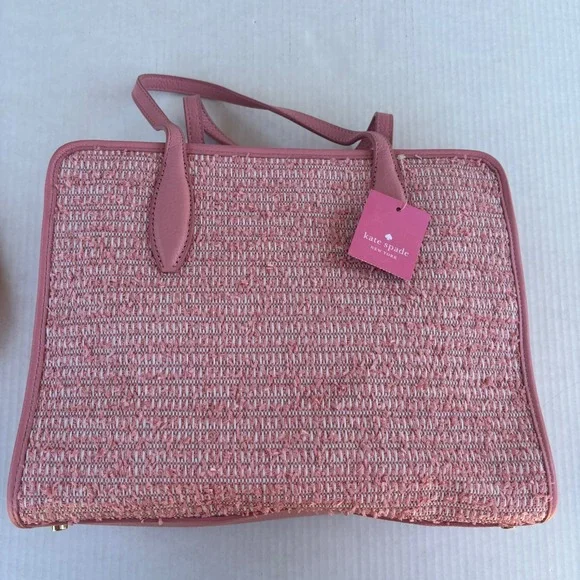 Kate Spade Rowe Summer Tweed Pink Raffia Leather Medium Satchel Bag NEW - Picture 4 of 16